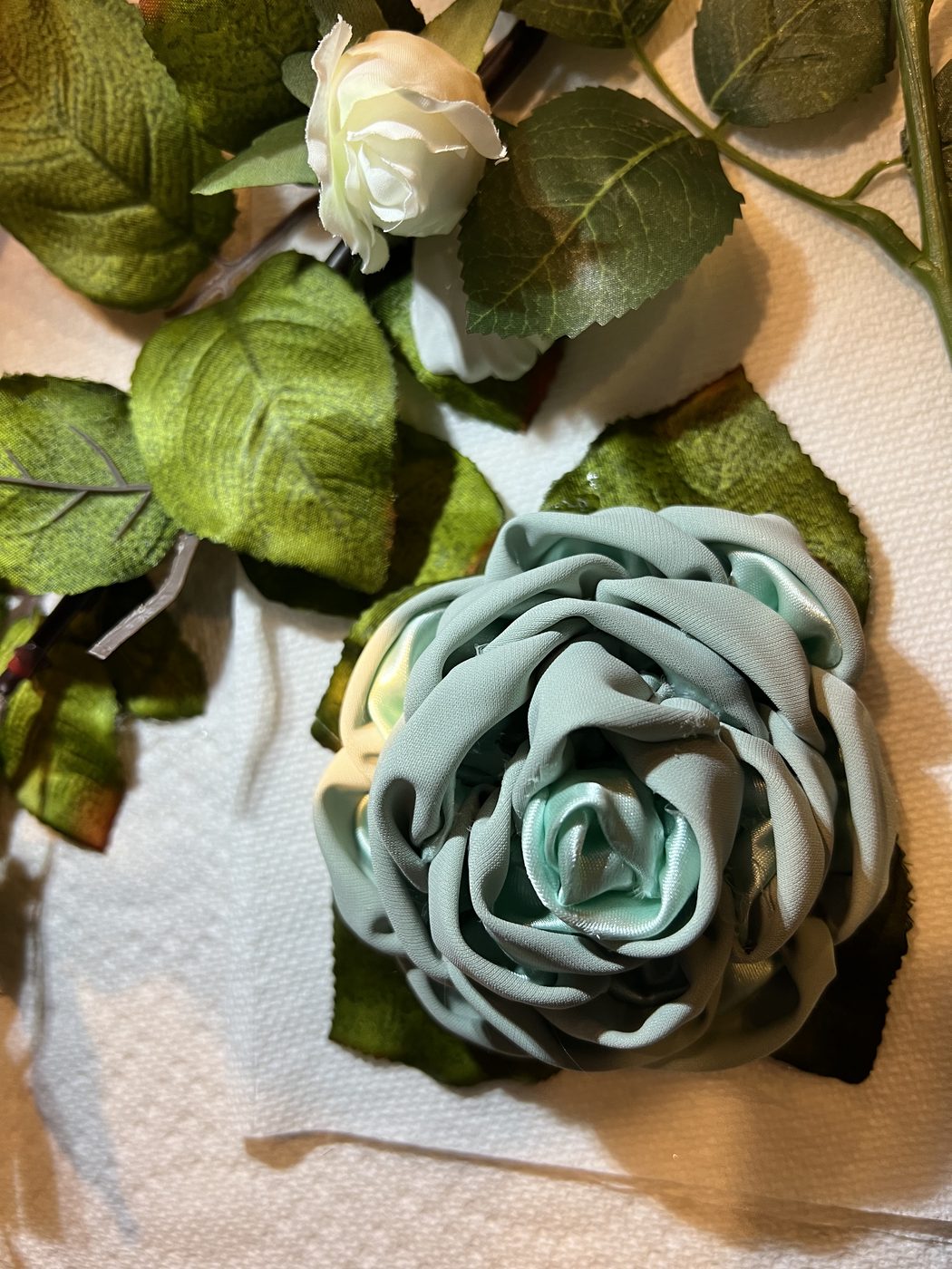 Handmade sage green ribbon rose