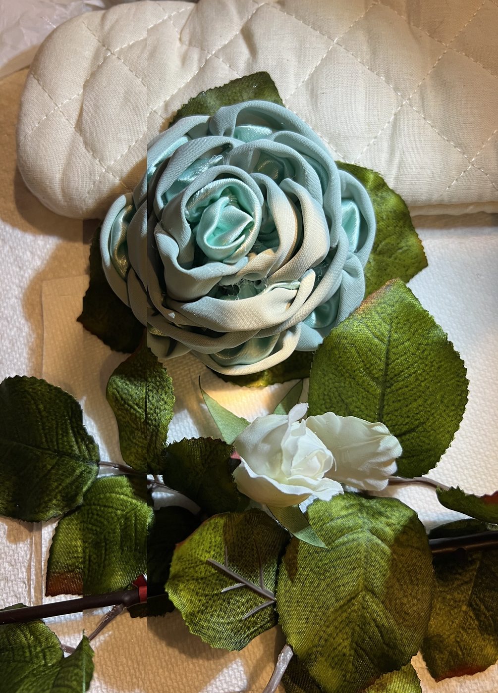 Handmade pale blue ribbon rose